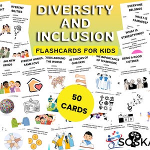 Vielfalt und Inklusion Karteikarten für Kinder, lustige Lernkarten zum Kultur unterrichten, Respekts- und Empathiekarten