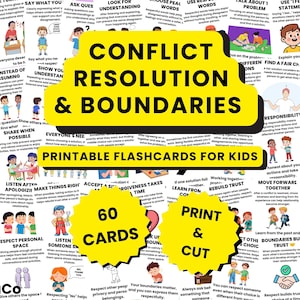 Könnte beinhalten: Ein Set aus 60 druckbaren Lernkarten für Kinder mit Illustrationen und Texten zu Konfliktlösung und Grenzen. Die Karten enthalten Phrasen wie Take Turns, Listen After Apologizing und Respect Personal Space, mit einem gelben Titelbanner.