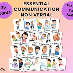 May include: A collection of 28 communication cards illustrating non-verbal cues and needs. The cards display phrases such as "I am thirsty," "I need a break," and "I feel happy." The words "Essential Communication Non Verbal" are at the top.