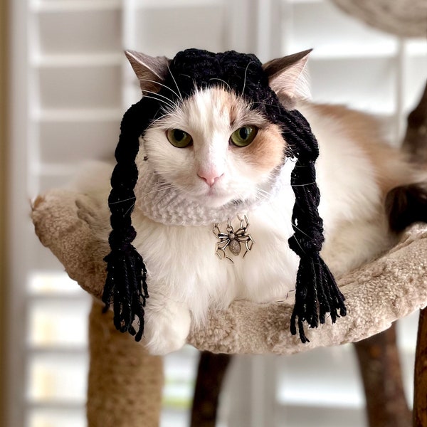 The Goth Daughter Hand Knit Halloween Black Pigtail Wig and Spooky White Peter Pan Collar Haunted Cat Costume for Pets