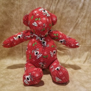 DOG CHRISTMAS BEAR.  This is a handmade memory bear.  He is available in 18 inches and 14 inches tall.