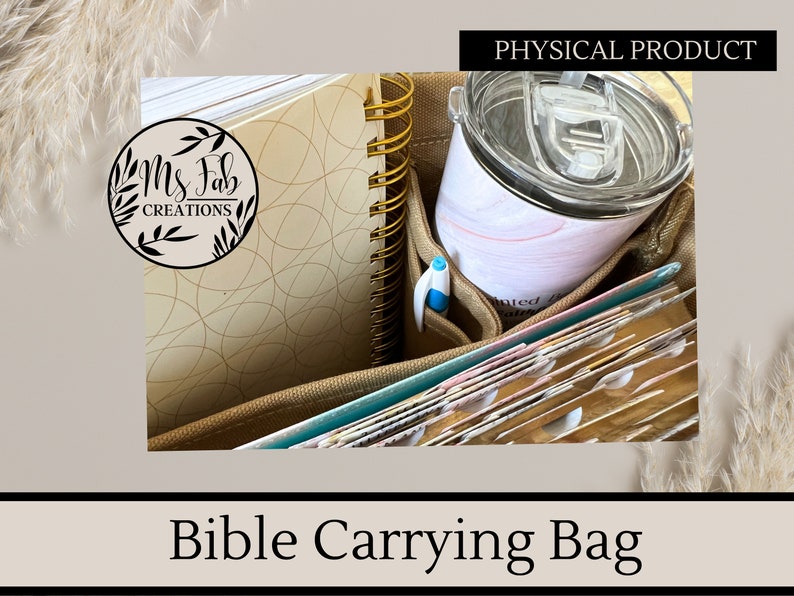 May include: A beige canvas bag with multiple pockets and compartments. The bag is filled with a spiral bound notebook, a tumbler, a pen, and a stack of books. The bag is labeled "Bible Carrying Bag".