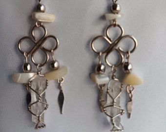 Hippie/Boho-Style Genuine Sterling Silver, Quartz Crystal, and Mother of Pearl Long Dangle Earrings