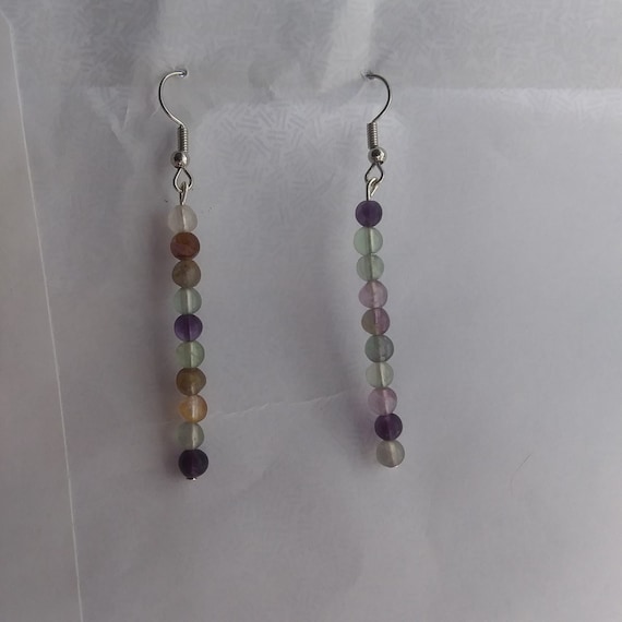 Genuine Flourite Small Bead Long Dangle Earrings