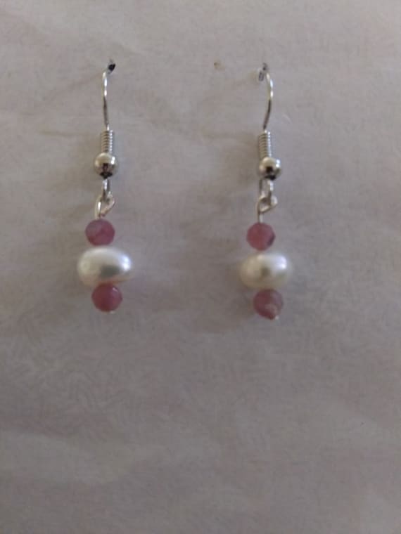 Handmade, Genuine Pink Tourmaline And Freshwater Pearl Earrings