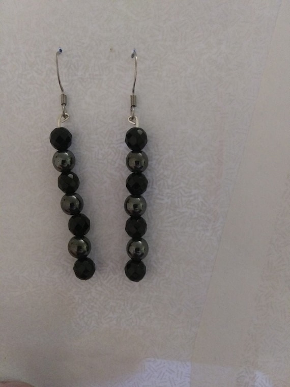 Genuine Hematite & Onyx Bead Dangle Earrings