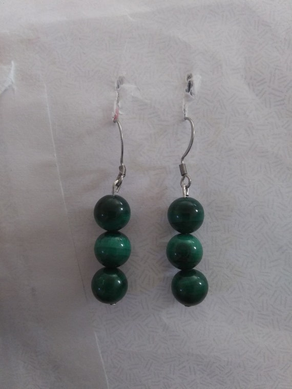 Genuine Russian Green Malachite Bead Dangle Earrings