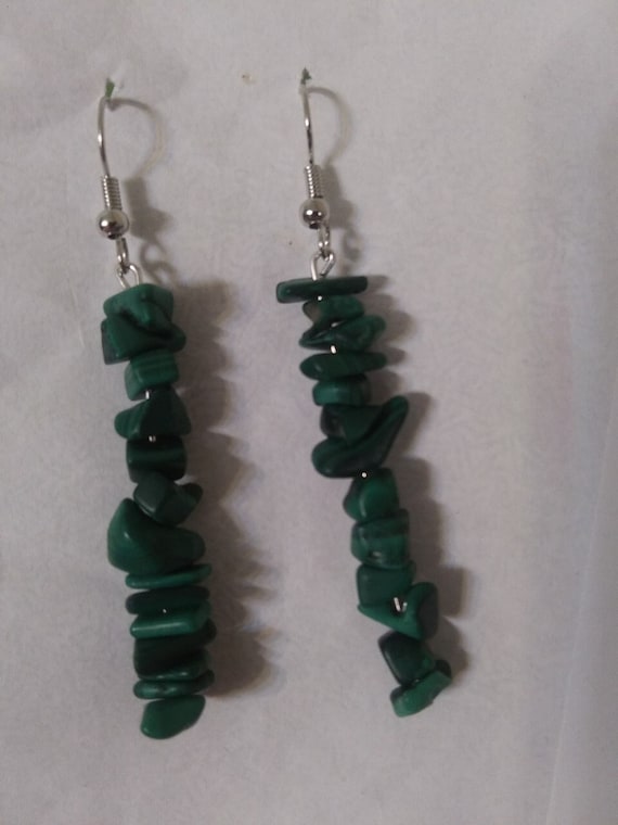 Handmade, Genuine Malachite Chip Long Dangle Earrings