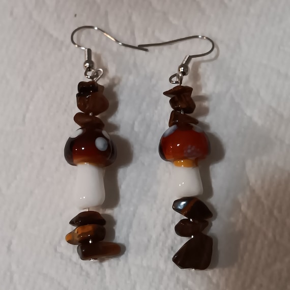 Groovy, Brown Magic Mushroom Dangle Earrings With Genuine Tiger's Eye Chips
