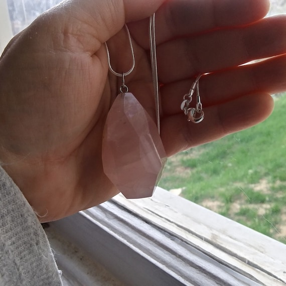 Large, Genuine Faceted Rose Quartz Pendant On Sterling Silver Chain