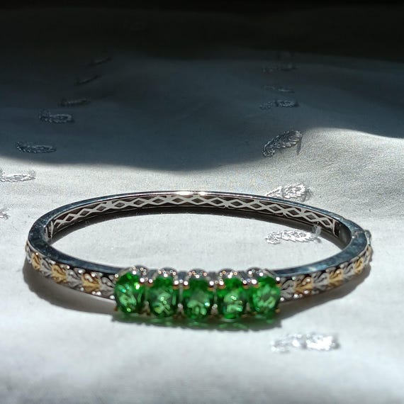 Genuine Green Quartz Bangle Bracelet Set In Stainless Steel And Brass
