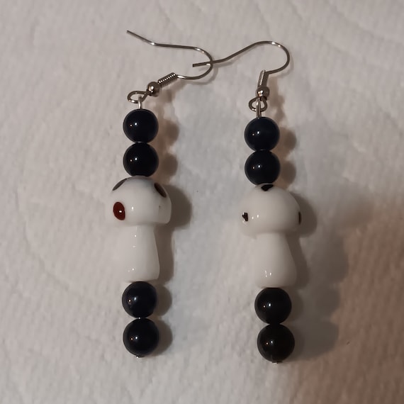 Groovy, White Magic Mushroom Dangle Earrings With Genuine Onyx Beads