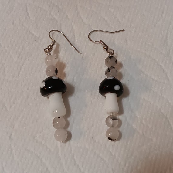 Groovy, Black Magic Mushroom Dangle Earrings With Genuine Black Tourmaline Beads