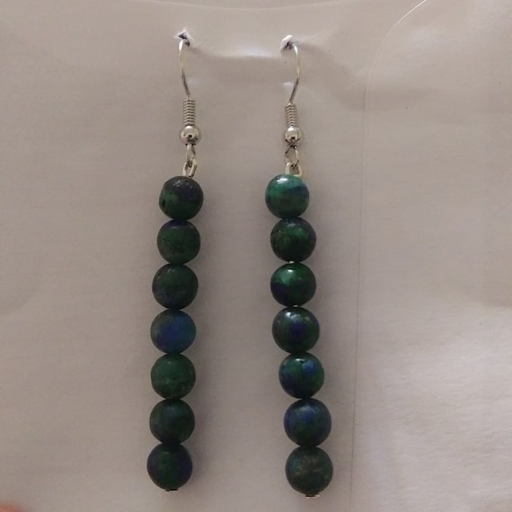 Genuine Chrysocolla Medium Bead Long Dangle Earrings