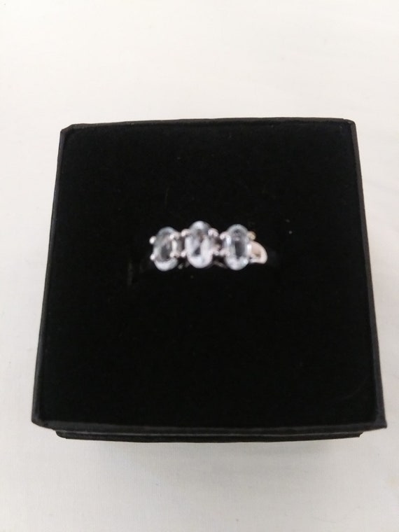 Delicate, Genuine Aquamarine Three-Stone Ring Set In Sterling Silver