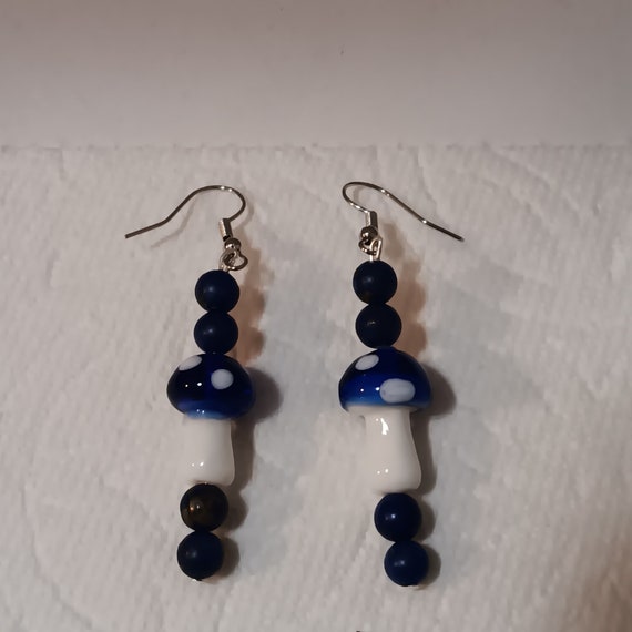 Groovy, Indigo Magic Mushroom Dangle Earrings With Genuine Lapis Lazuli Beads