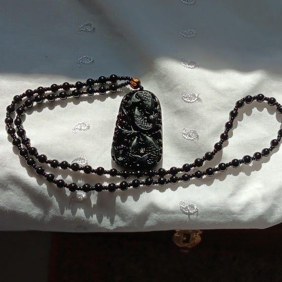 Genuine Black Obsidian Beaded Necklace W/Asian-Inspired Koi Fish