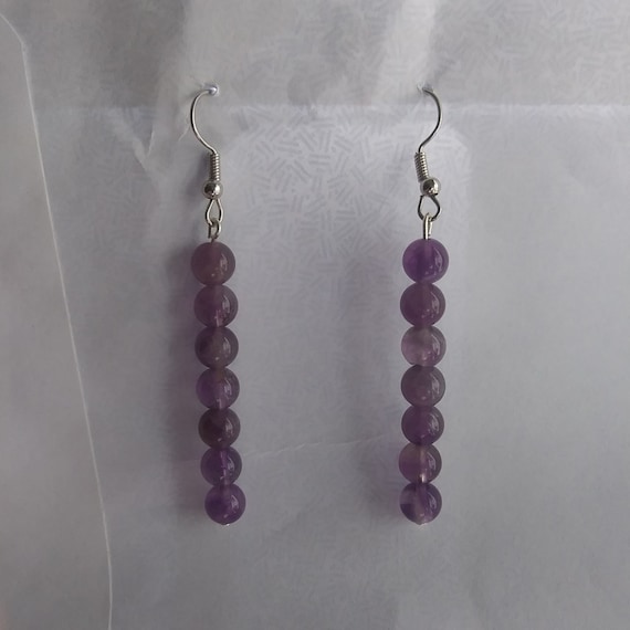 Genuine, Amethyst Medium-Sized Bead Long Dangle Earrings