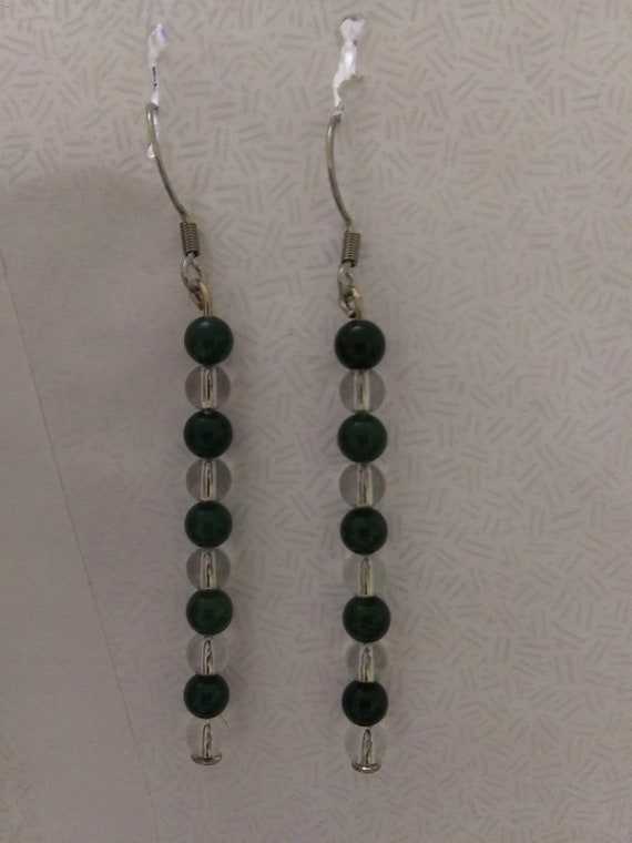 Genuine African Bloodstone And Clear Quartz Crystal Bead Long Dangle Earrings