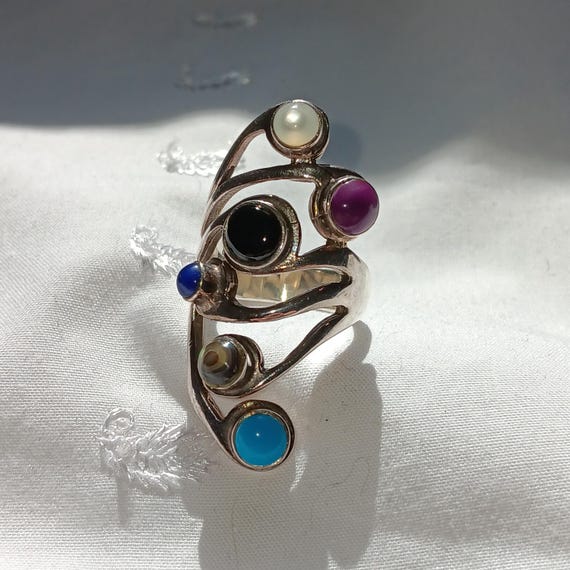 Unusual, Sterling Silver & Multi-Gemstone Statement Ring-Size 6