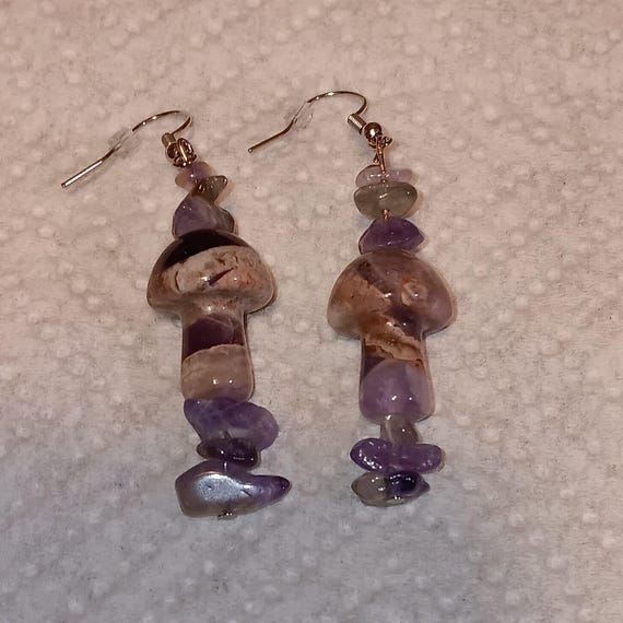Genuine Amethyst Magic Mushroom Long Dangle Earrings