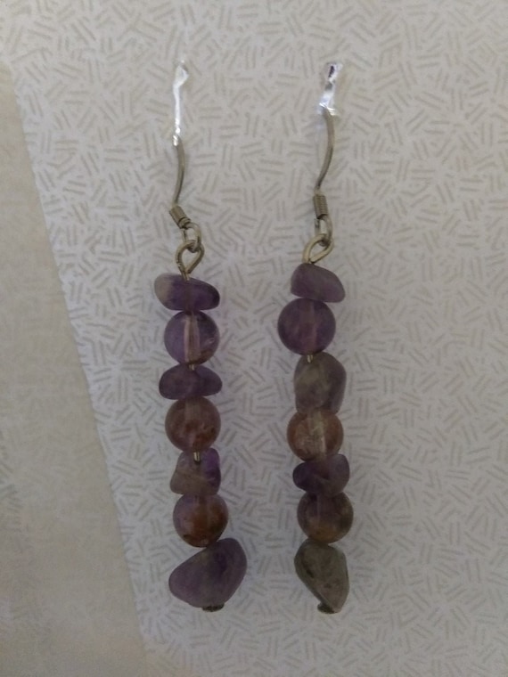 Genuine Cacoxenite And Amethyst Gemstone Dangle Earrings