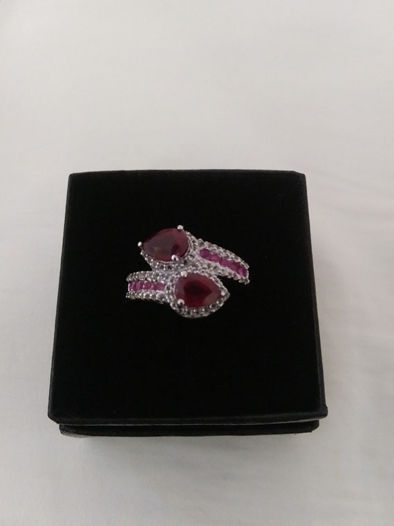 Elegant, Genuine Ruby And White Topaz Cocktail Ring Set In Sterling Silver