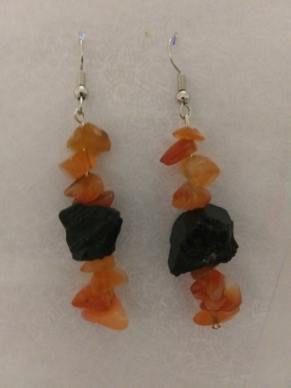 Halloween Fun Dangle Earrings #2-Genuine Carnelian & Black Tourmaline