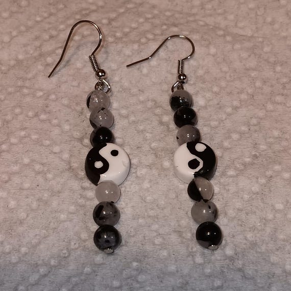 Yin-Yang And Genuine, Black Tourmaline Bead Long Dangle Earrings