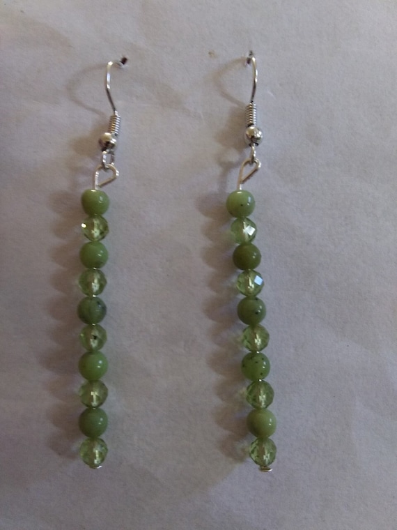 Handmade, Genuine Peridot and Jade Bead Dangle Earrings