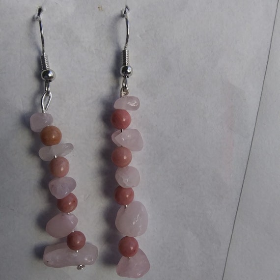 Genuine Rhodonite and Rose Quartz Long Dangle Earrings