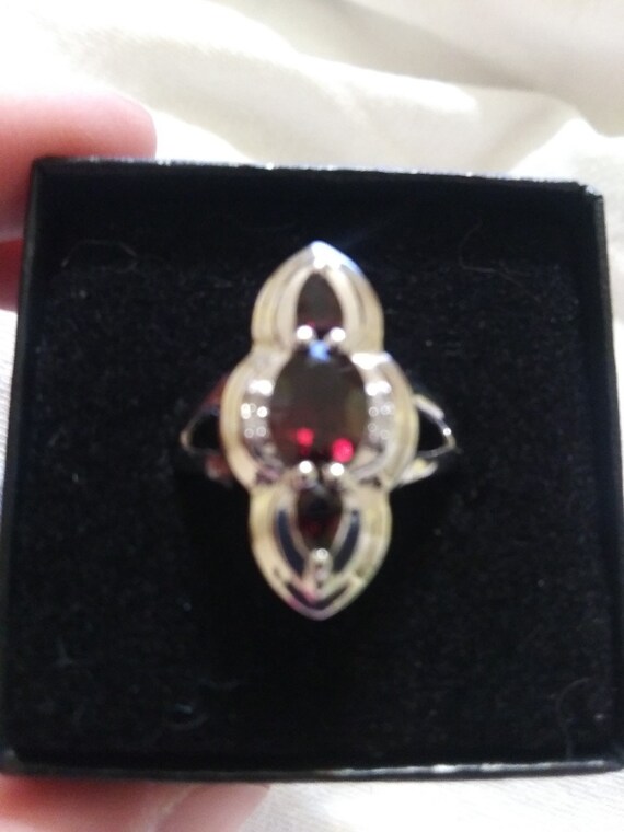 Lovely Sterling Silver & Garnet/Diamond Ring + Garnet/Pearl Earrings In Sterling Silver Set