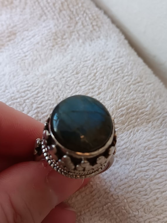 Stunning, Large, Tribal-Style, Genuine, Round Labradorite and Sterling Silver Ring.