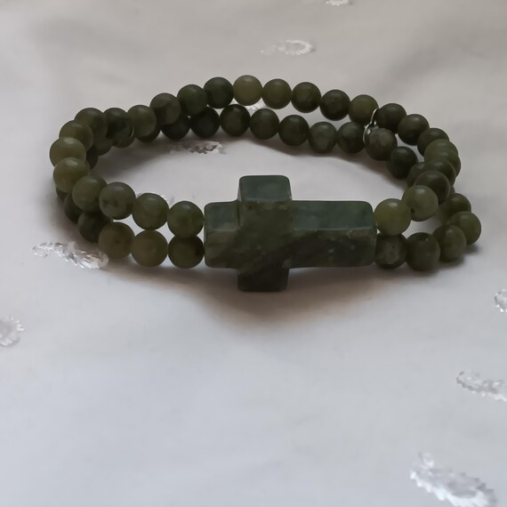 Genuine Green, Irish Connemara Marble Beaded Cross Stretch Bracelet