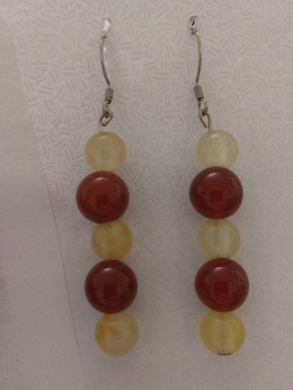 Genuine Yellow Jade and Carnelian Large Bead Earrings