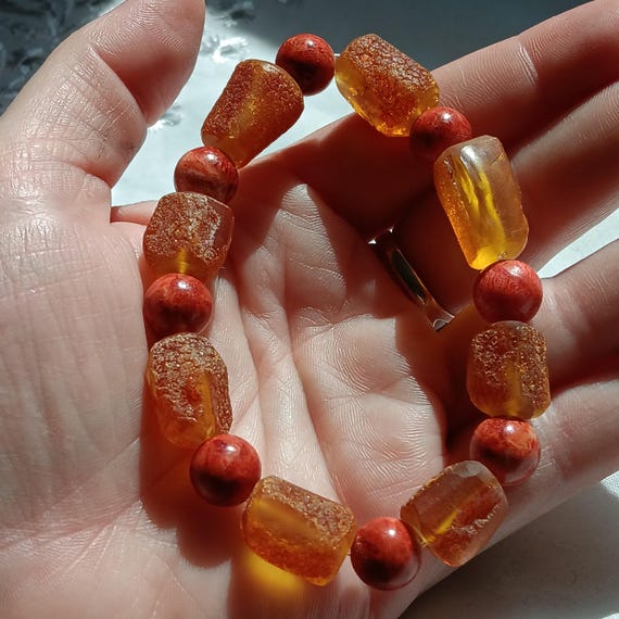 Genuine Amber & Red Jasper Stretch Bracelet