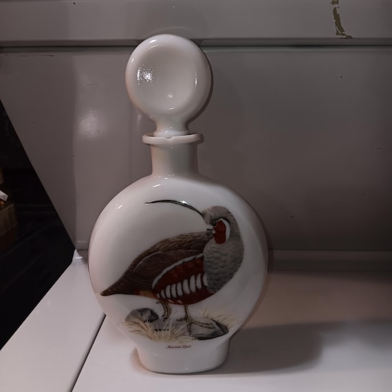 Late 1960's, Mid-Mod, Milk Glass Whiskey Decanter W/Mountain Quail