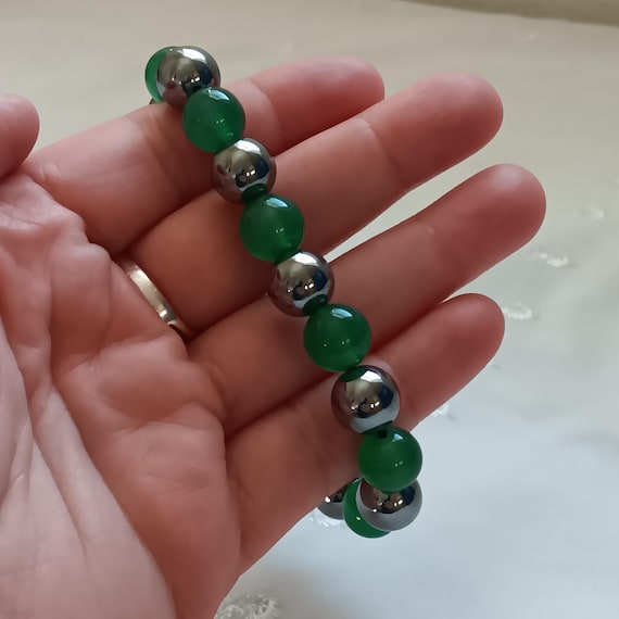 Genuine Green Onyx & Terahertz Beaded Stretch Bracelet