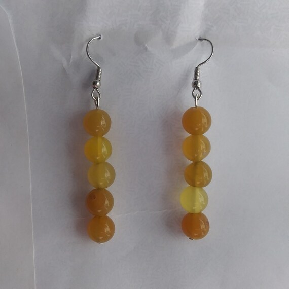 Genuine Yellow Agate Medium Bead Long Dangle Earrings