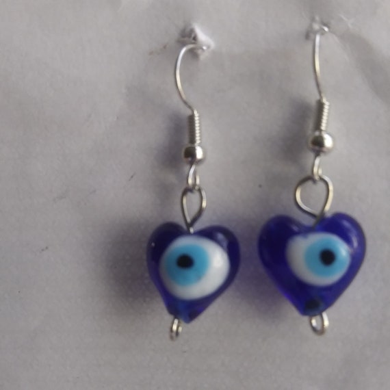 Pair Of Heart-Shaped Atchk/Nazar, Middle-Eastern Blue-Eyed, Good Luck Charm Earrings #2