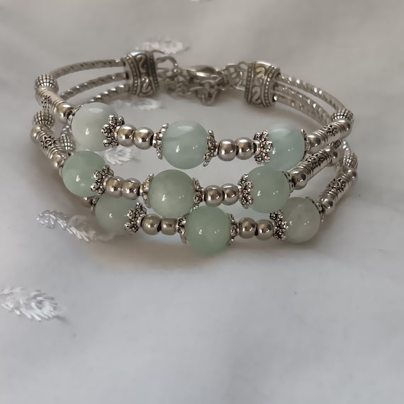 Genuine Aquamarine And Silvertone Triple-Strand Ladies Bracelet