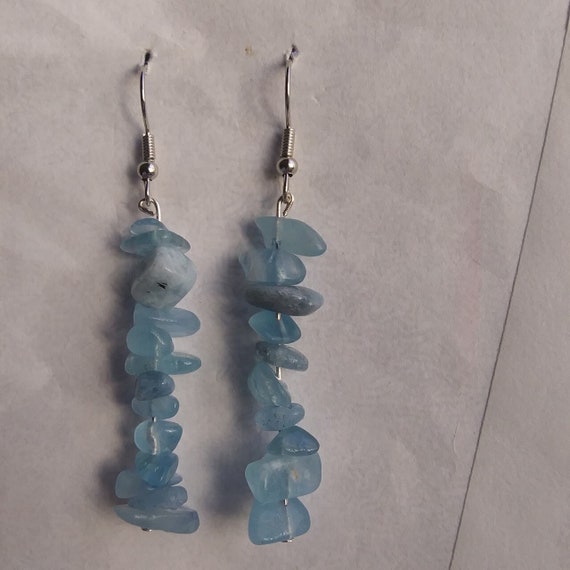 Genuine Aquamarine Chip Long Dangle Earrings