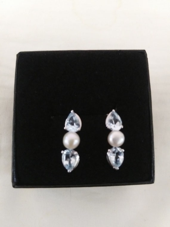 Lovely, Genuine Blue Topaz and Pearl Earrings Set In Sterling Silver