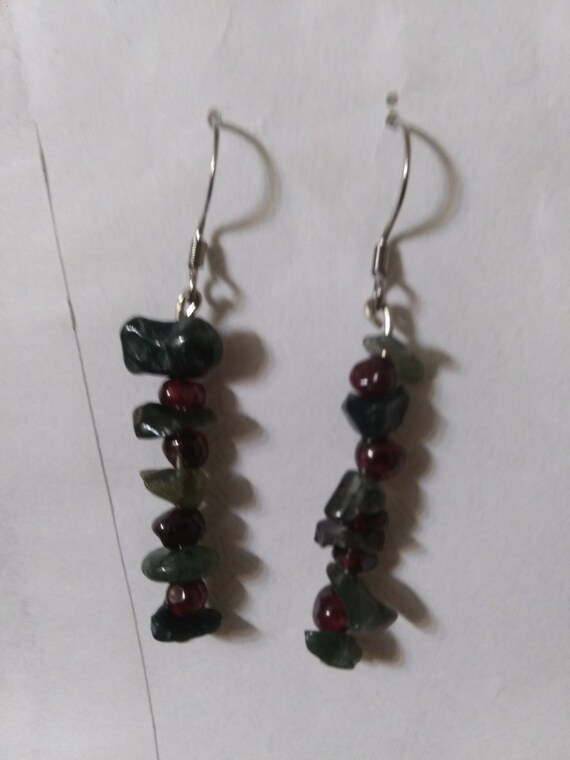 Christmas Cheer Dangle Earrings W/Genuine Garnet & Ocean Jasper