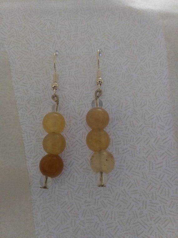 Genuine Yellow Jade And Quartz Crystal Bead Dangle Earrings