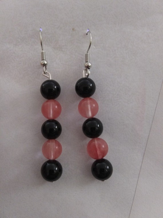 Genuine Cherry Quartz And Onyx Large Bead Dangle Earrings