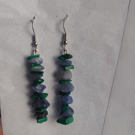 Genuine Malachite and Sodalite Chip Long Dangle Earrings