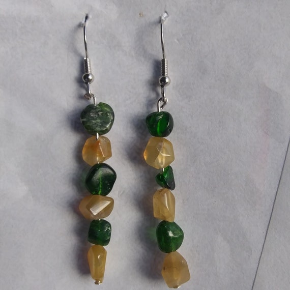 Genuine Lemon Quartz And Russian Green Chrome Diopside Nugget Dangle Earrings