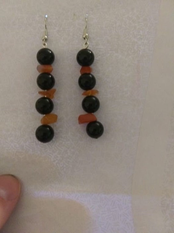 Halloween Fun Earrings-Genuine Black Onyx & Orange Carnelian Handmade Dangle Earrings