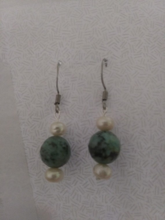 Genuine Freshwater Pearl & Faceted African Turquoise Drop Earrings